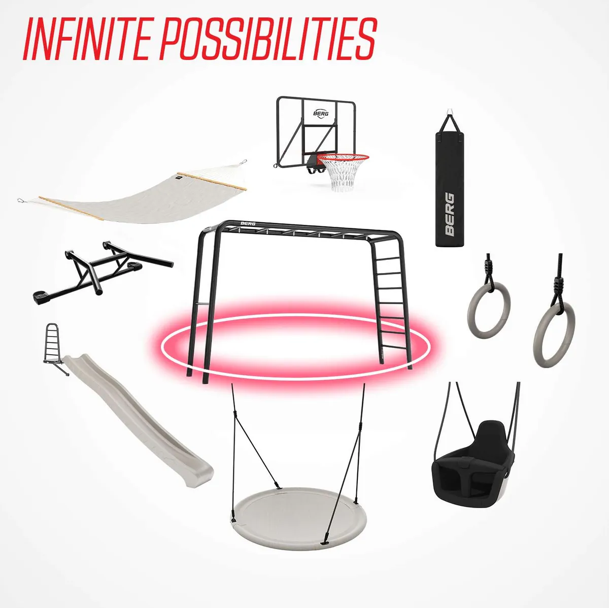 BERG PlayBase accessories including hammock, basketball hoop, boxing bag, gym rings and nest swing