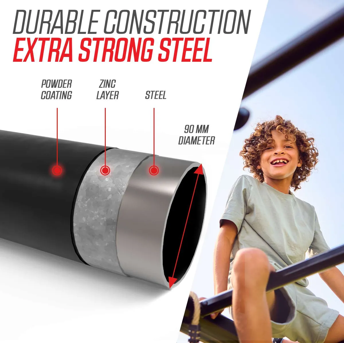 BERG PlayBase steel tube showing powder coating, zinc layer and steel