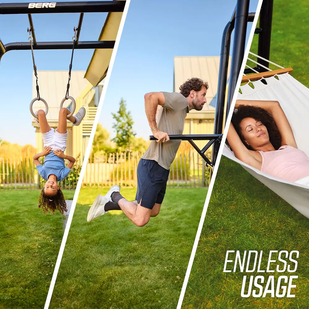 Gym rings, dip bar and hammock in use on a BERG PlayBase