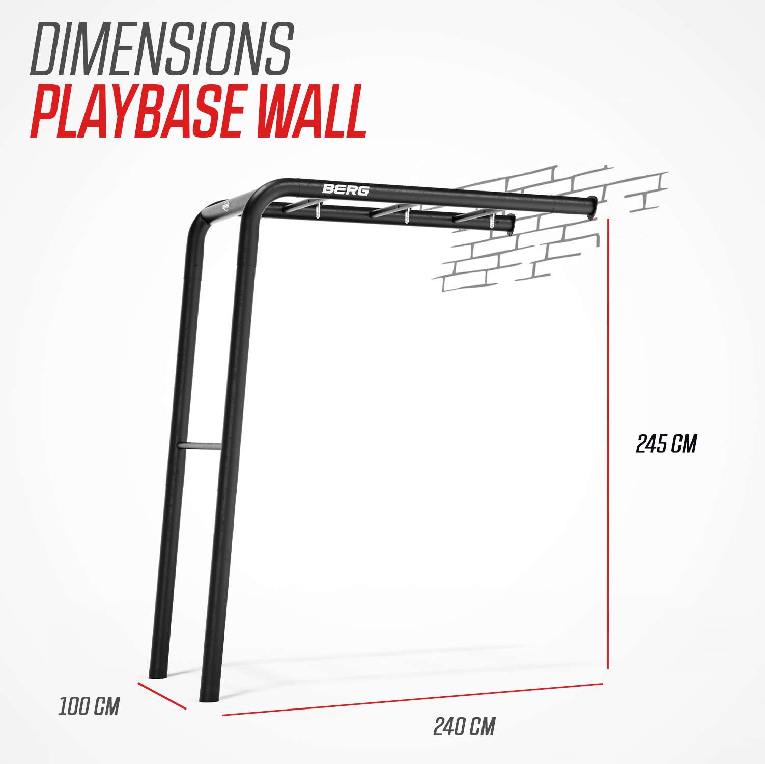 BERG PlayBase Wall dimensions: 240cm wide, 100cm deep, 245cm high
