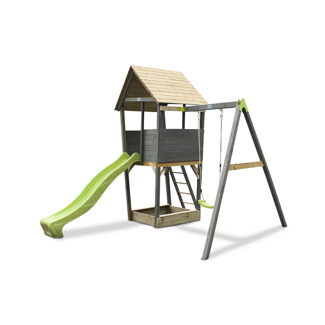 EXIT Aksent wooden play tower with a 1-seat swing - grey