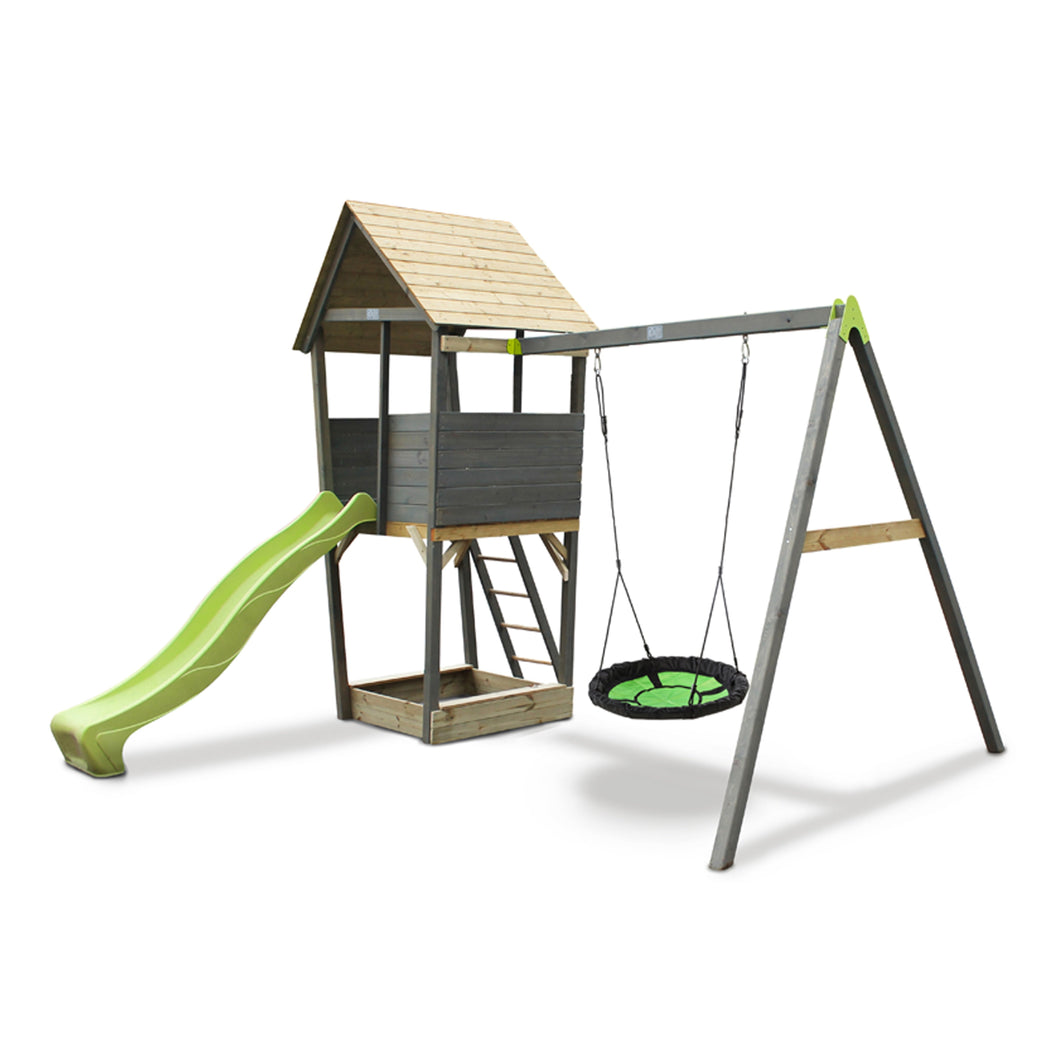 EXIT Aksent wooden play tower with a nest swing - grey