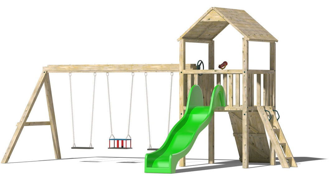 Kids Wooden Climbing Frame with Swings, Slide and Rockwall - Commercial Stacks Mountain
